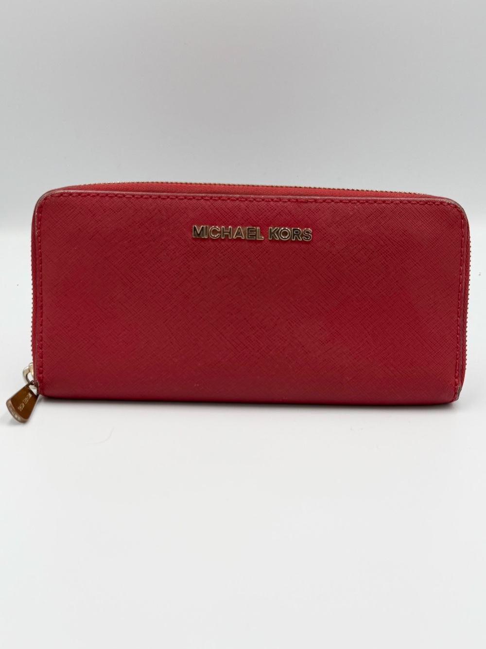Michael Kors Red Zip Around Saffiano Leather Wallet with Gold Logo